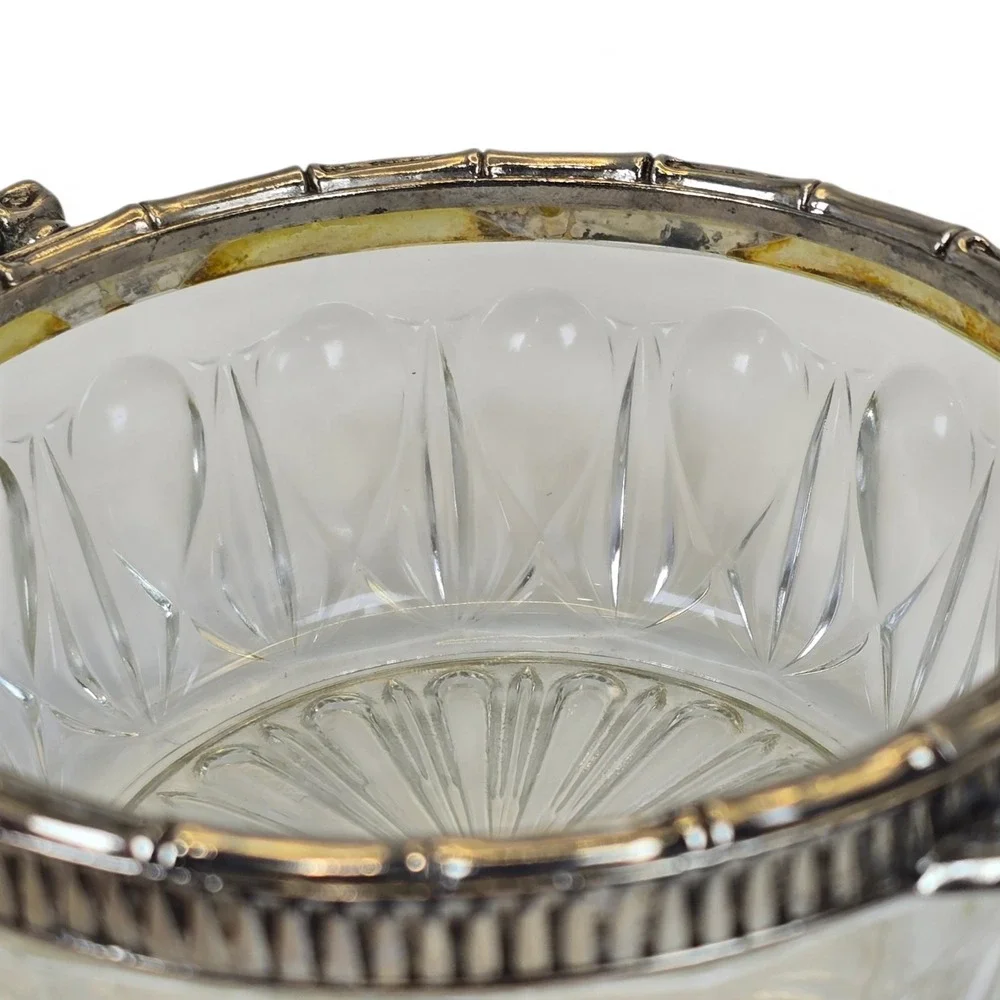 Vintage Reims France Cut Crystal Silverplate Bamboo Handle Serving Bowl